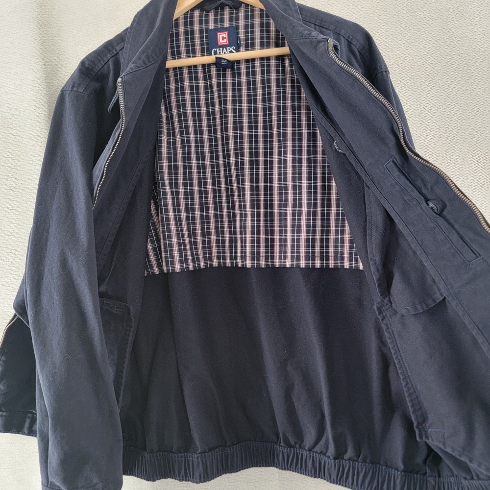 Chaps Jacket Bi Swing 100% Cotton Harrington Plaid Lined Preppy Size Large Navy - Picture 6 of 12